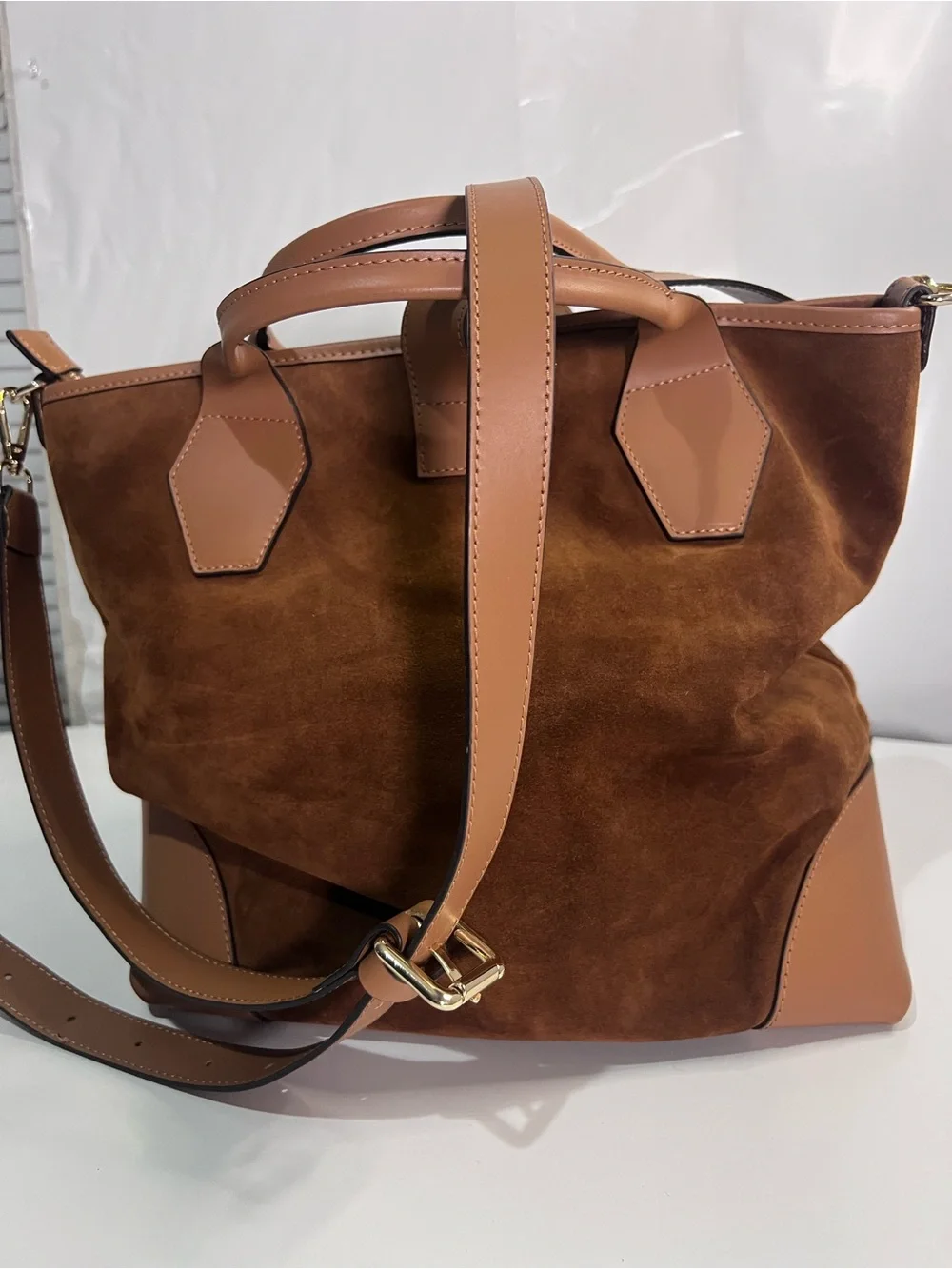 Structured Suede Tote in Warm Cognac
